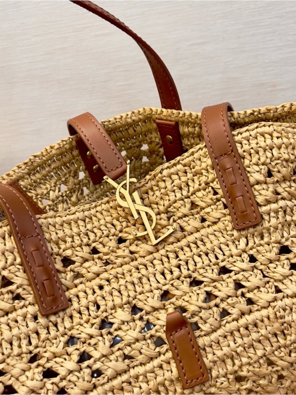 Saint Laurent Woven Straw Tote in Natural and Brown with Gold Hardware - Picture 6 of 8
